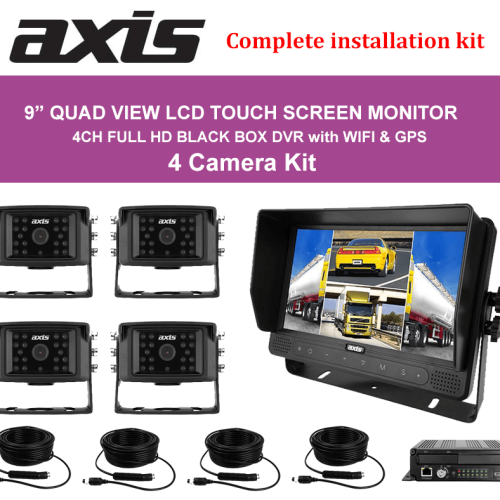 9” QUAD VIEW LCD TOUCH SCREEN MONITOR DVR with WI-FI-GPS 4 Camera Kit