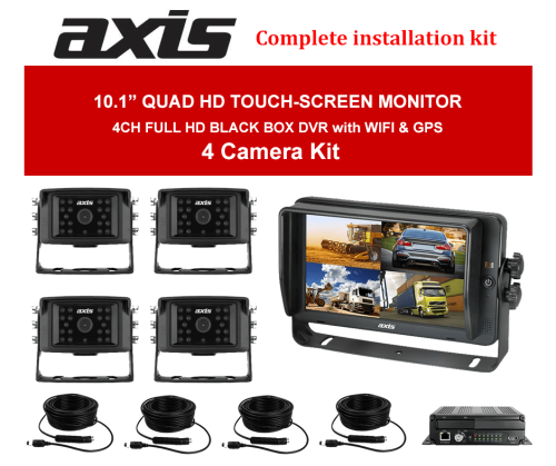 Axis 10.1inches QUAD HD TOUCH-SCREEN MONITOR DVR with WI-FI-GPS 4 Camera Kit
