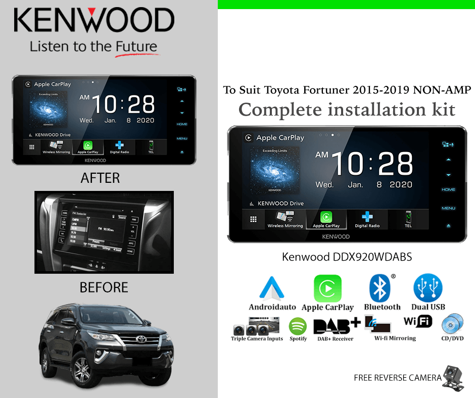 Kenwood DDX920WDABS Car Stereo Upgrade To Suit Toyota Fortuner 2015-2019 NON-AMP