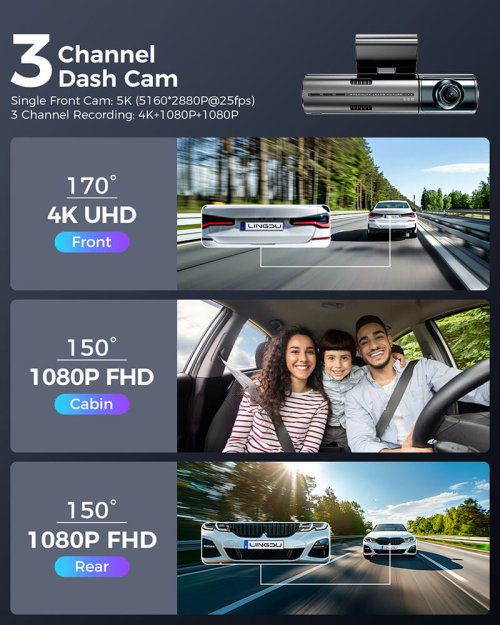 LD GOLD 3-Channel Front and Rear Dash Camera